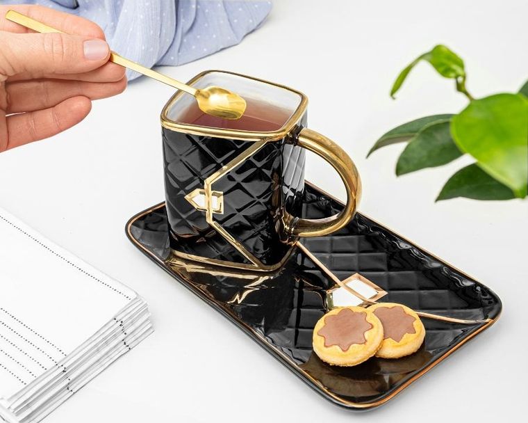 Gadget Master, kubek torebka, podstawka i łyżeczka, czarny