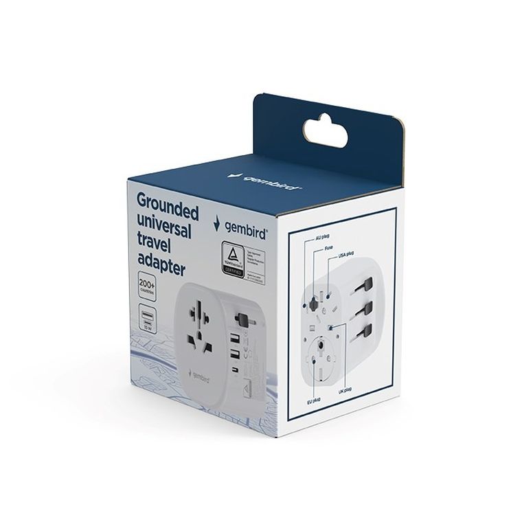 Gembird, adapter podróżny z uziemieniem, 15W, biały