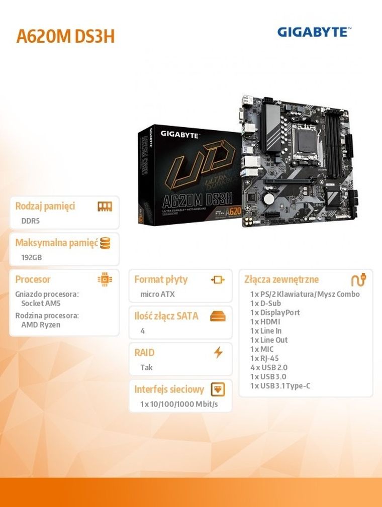 Gigabyte, płyta główna, A620M DS3H AM5 4DDR5 HDMI/DP M.2 mATX