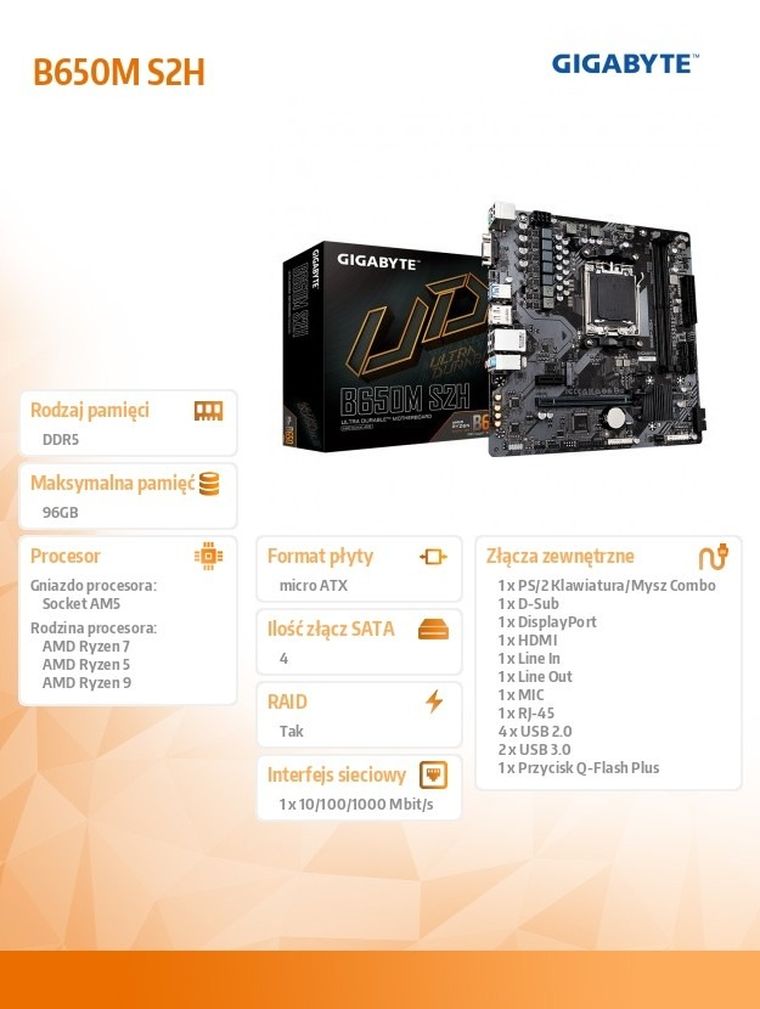 Gigabyte, płyta główna, B650M S2H AM5 2DDR5 HDMI/DP M2 m.ATX