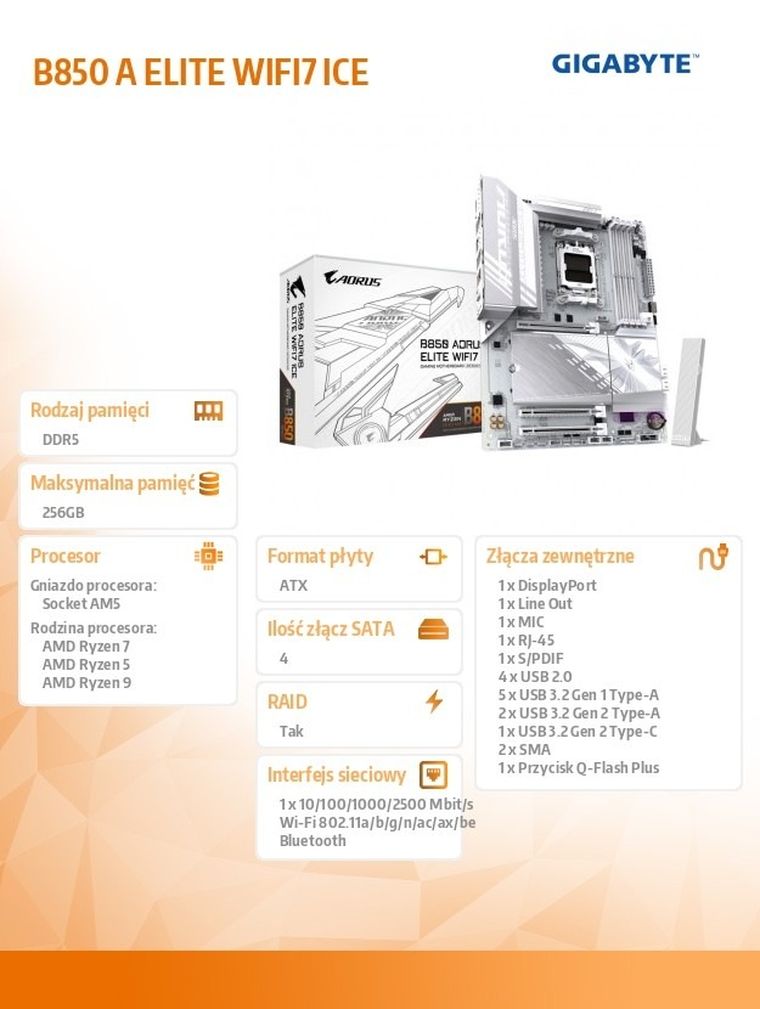 Gigabyte, płyta główna, B850 AORUS ELITE WF7 ICE