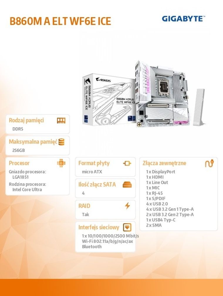 Gigabyte, płyta główna, B860M AORUS ELITE WF6E ICE