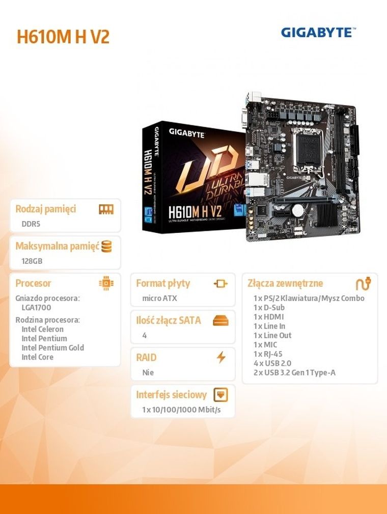 Gigabyte, płyta główna, H610M H V2 s1700 2DDR5 HDMI/DSUB M.2 mATX