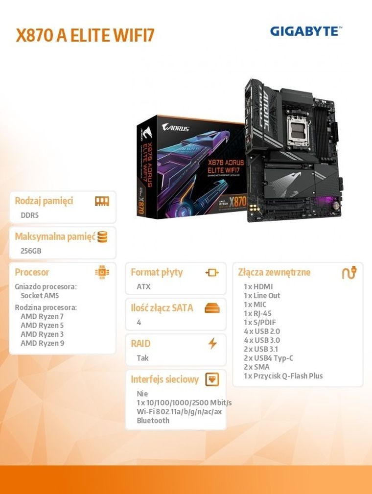 Gigabyte, płyta główna, X870 A ELITE WIFI7 AM5 4DDR5 HDMI/USB-C ATX
