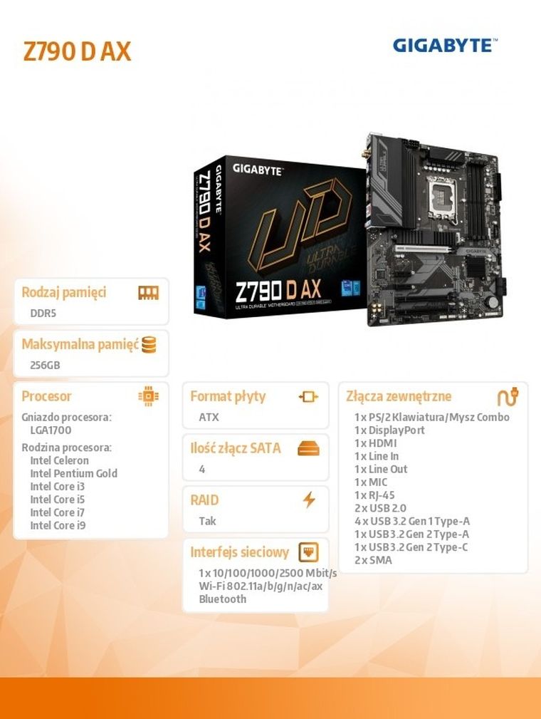Gigabyte, płyta główna, Z790 D AX s1700 4DDR5 HDMI/DP ATX