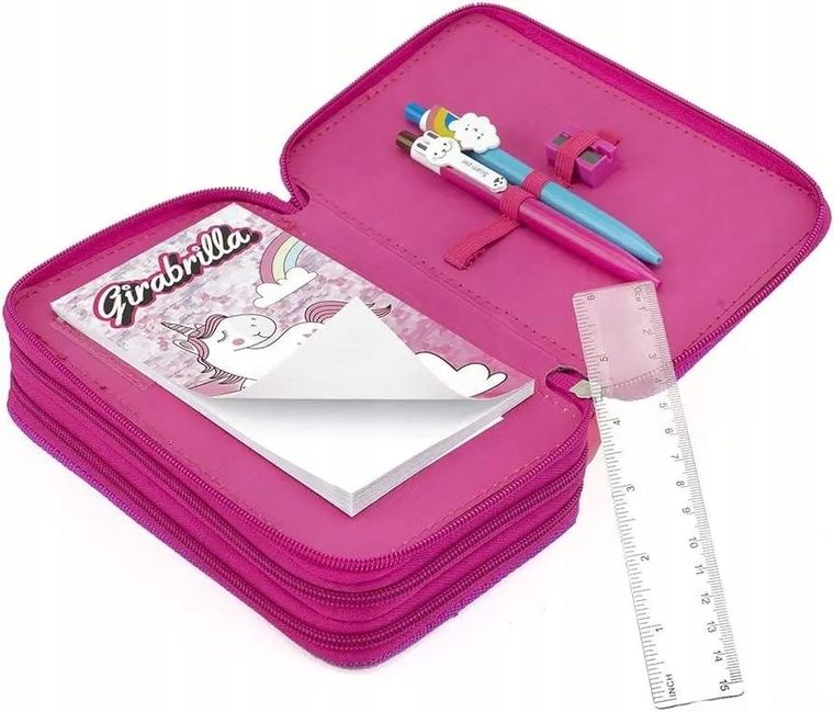 Girabrilla, piórnik rozkładany, potrójny, z wyposażeniem, cekinowy