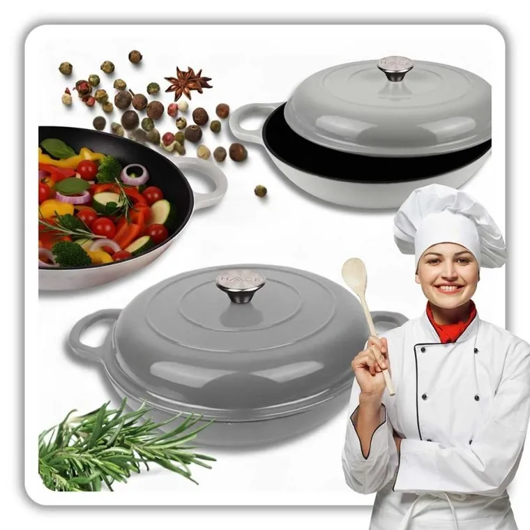 Hage, emaliowany garnek, płaski, żeliwny, szary, 30 cm, 3l