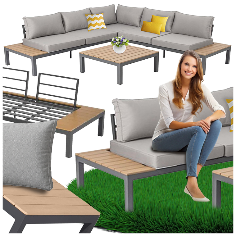 Hedo, narożnik ogrodowy na taras ze stolikiem i poduszkami, 6 osobowy