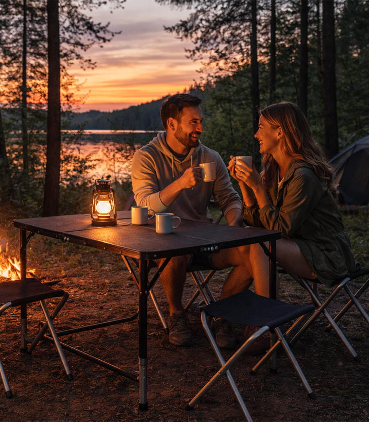 Hedo, zestaw stół turystyczny i 4 krzesła, składany w walizkę, 5w1, czarny