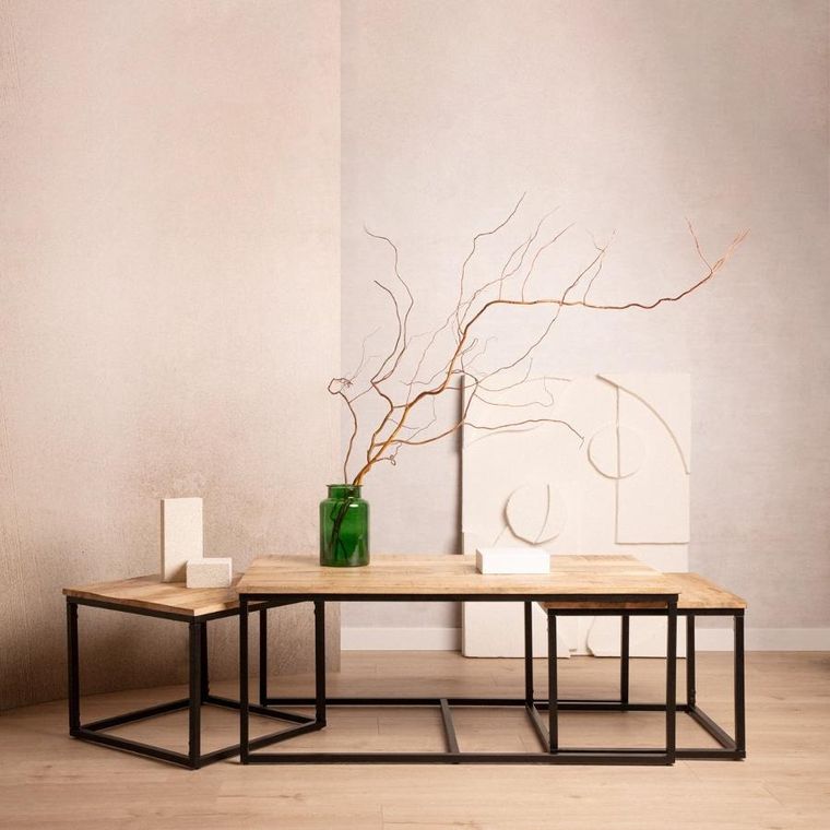 Homla, Maya, zestaw stolików kawowych, lite drewno mango + metal, 110-60-45 cm, 50-50-40 cm