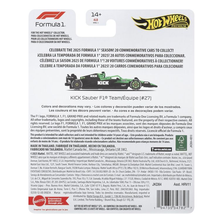 Hot Wheels, Premium, Formuła 1, Kick Sauber F1 Team (#27), samochodzik, skala 1:64, JKD84
