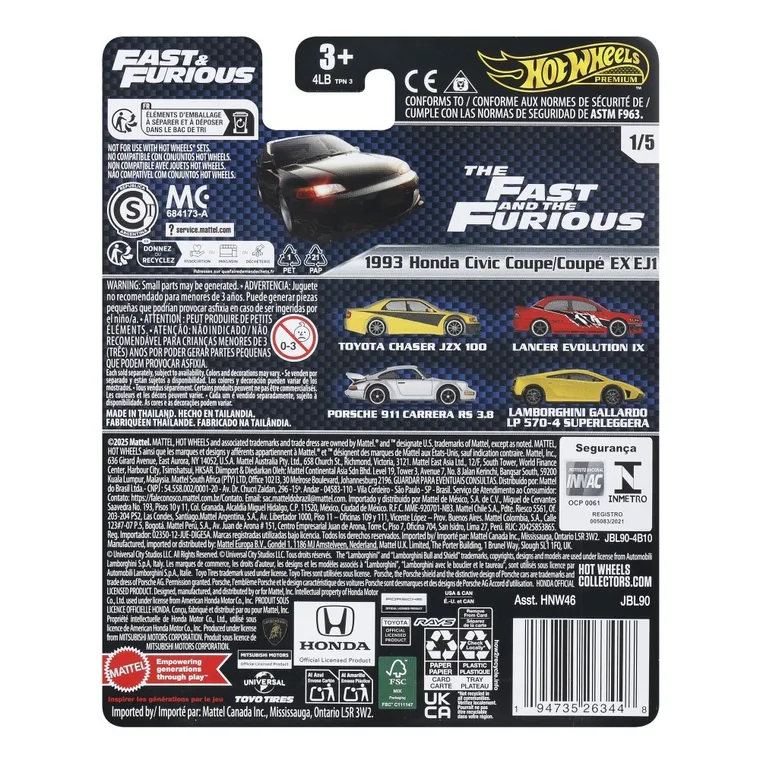 Hot Wheels, Premium, Szybcy i wściekli, 1993 Honda Civic Coupe EX EJ1, pojazd, skala 1:64, JBL90