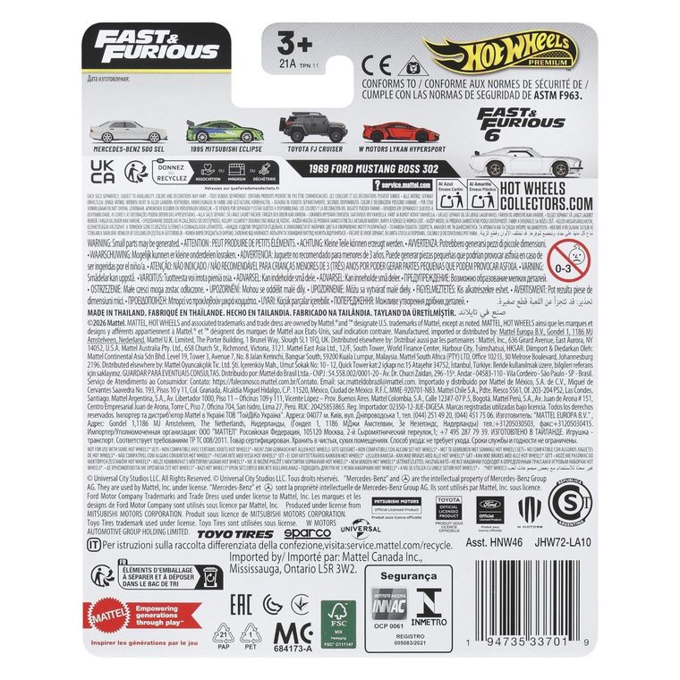 Hot Wheels, Szybcy i wściekli, 1969 Ford Mustang Boss 302, pojazd Premium, JHW72