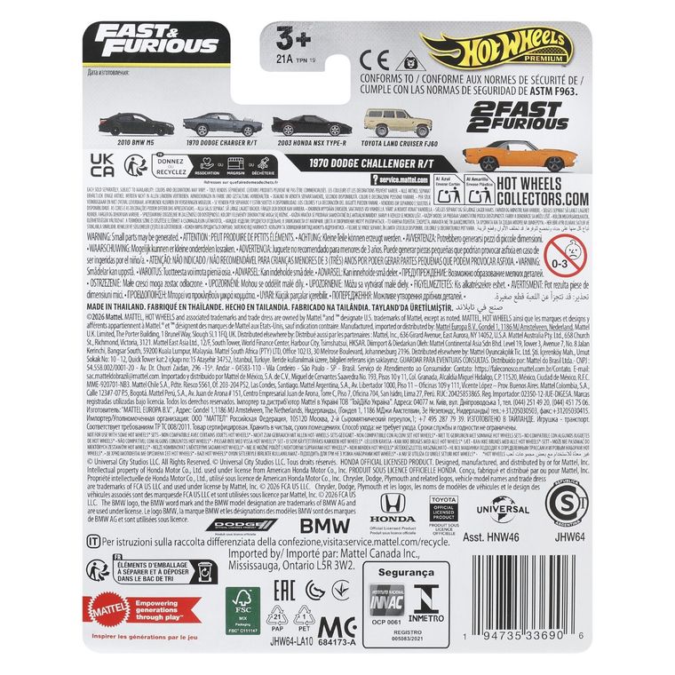 Hot Wheels, Szybcy i wściekli, 1970 Dodge Challenger R/T, pojazd Premium, 1:64, JHW64