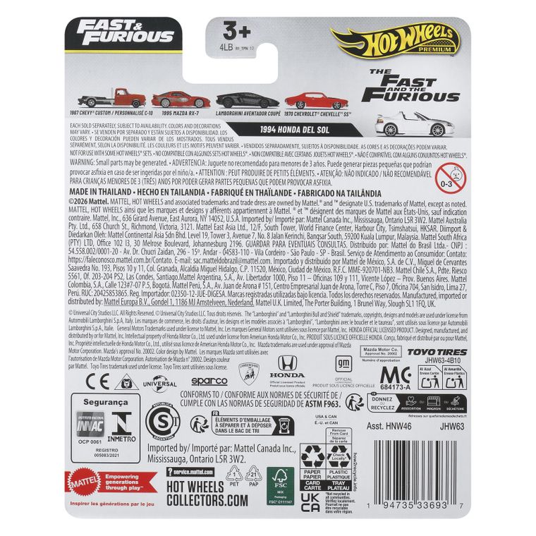 Hot Wheels, Szybcy i wściekli, 1994 Honda Del Sol, pojazd Premium, 1:64, JHW63