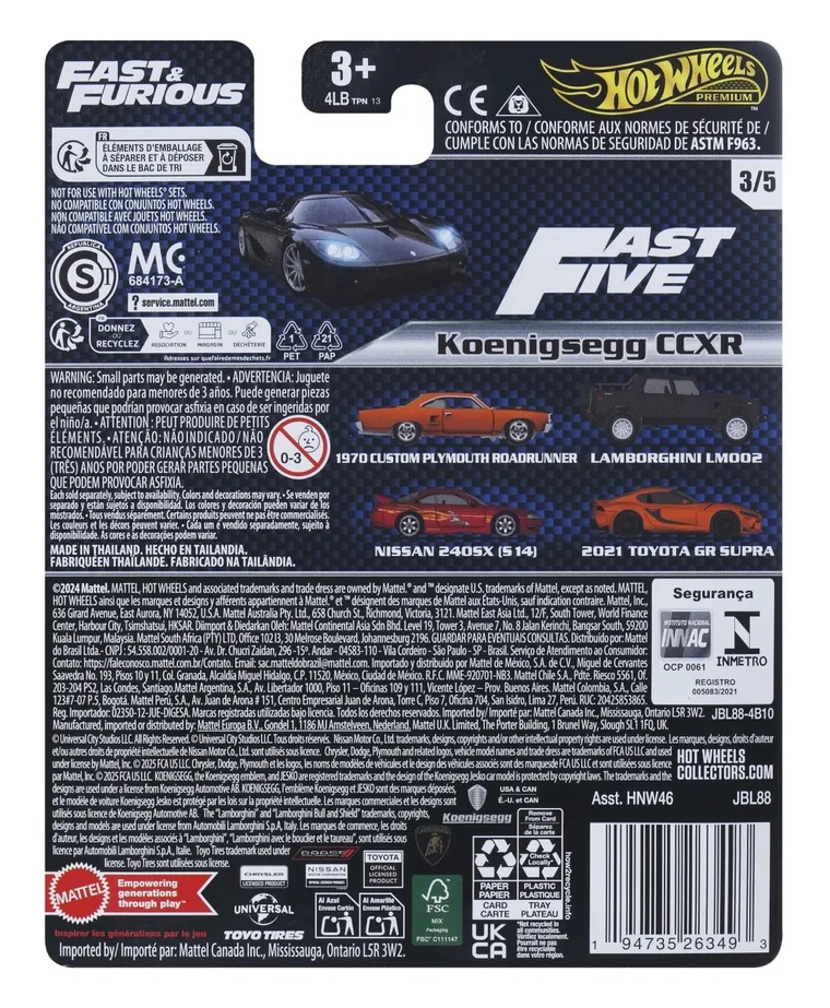 Hot Wheels, Szybcy i wściekli, Koenigsegg CCXR, pojazd, 1:64, JBL88