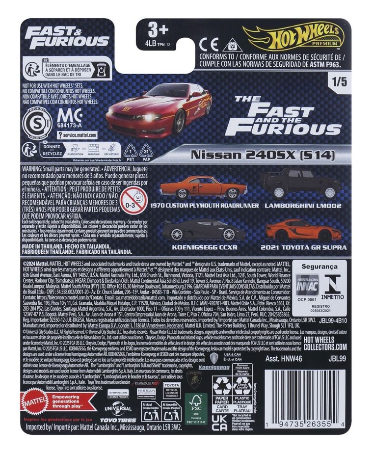 Hot Wheels, Szybcy i wściekli, Nissan 240SX (S14), pojazd, 1:64, JBL99