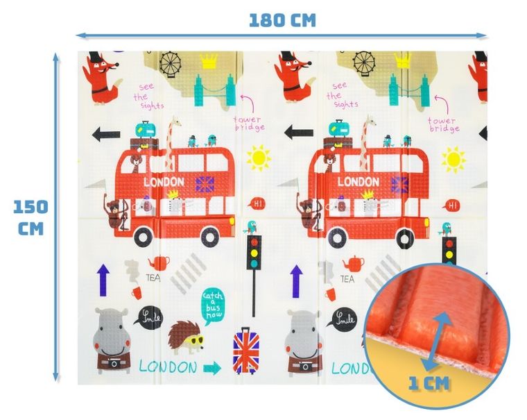 Humbi, dwustronna składana mata edukacyjna z pianki, Londyn, autobus, uliczki, miasto, 150-180-1 cm