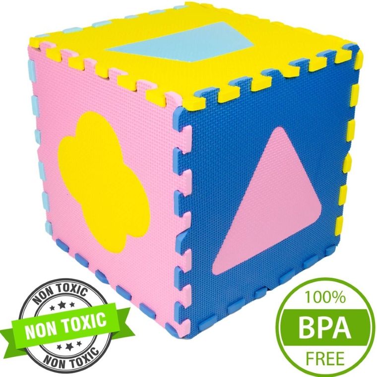 Humbi, mata piankowa, puzzle, kształty, żółty niebieski różowy, 120-120 cm