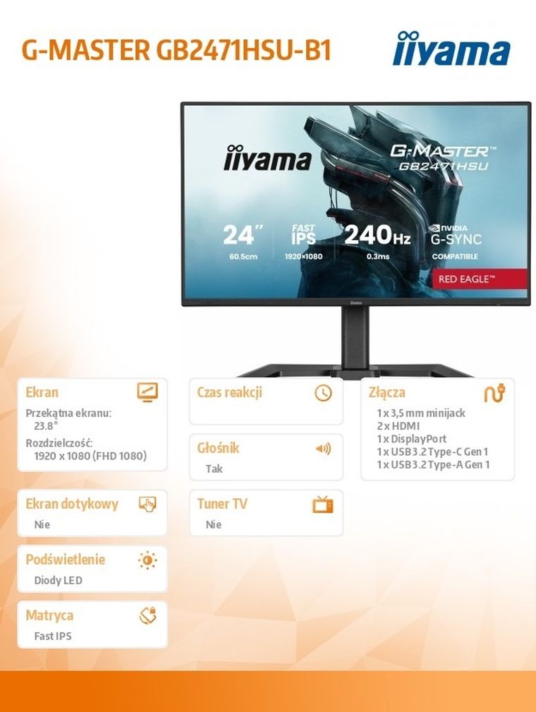 Iiyama, monitor, LED Fast IPS 23,8", GB2471HSU-B1, Red Eagle, 240Hz