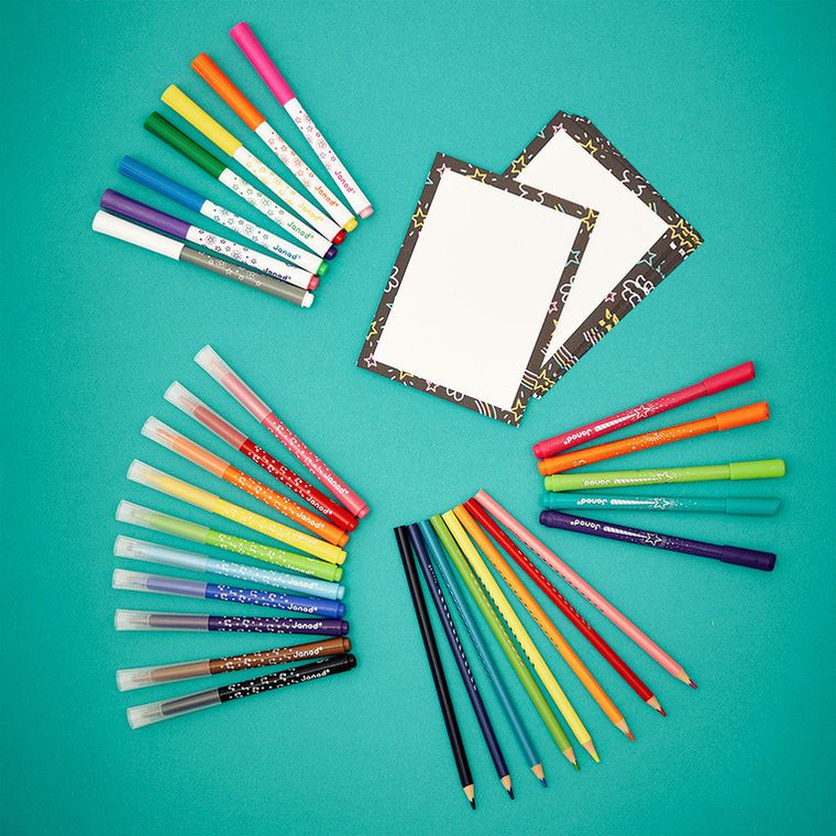 Janod, Coloring box, zestaw przyborów do kolorowania, 42 elementy