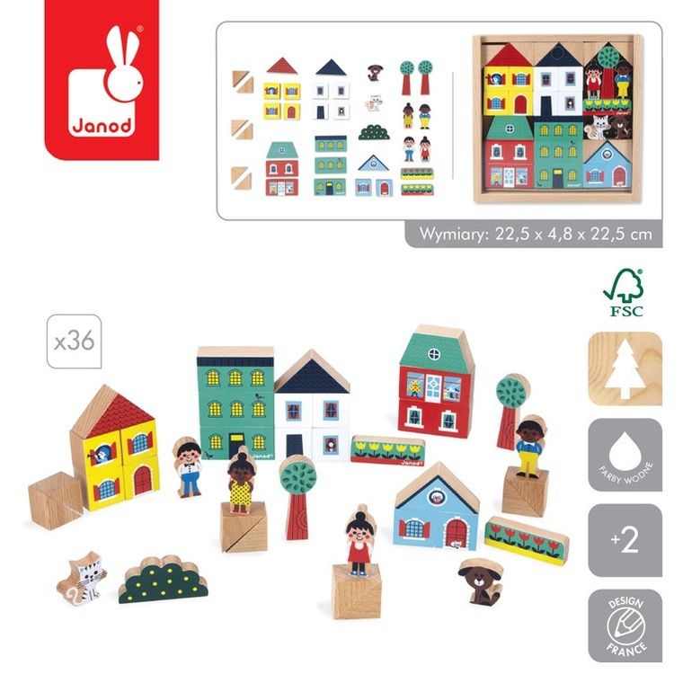 Janod, Cross Road, Miasto, zestaw klocków i figurek, 36 elementów