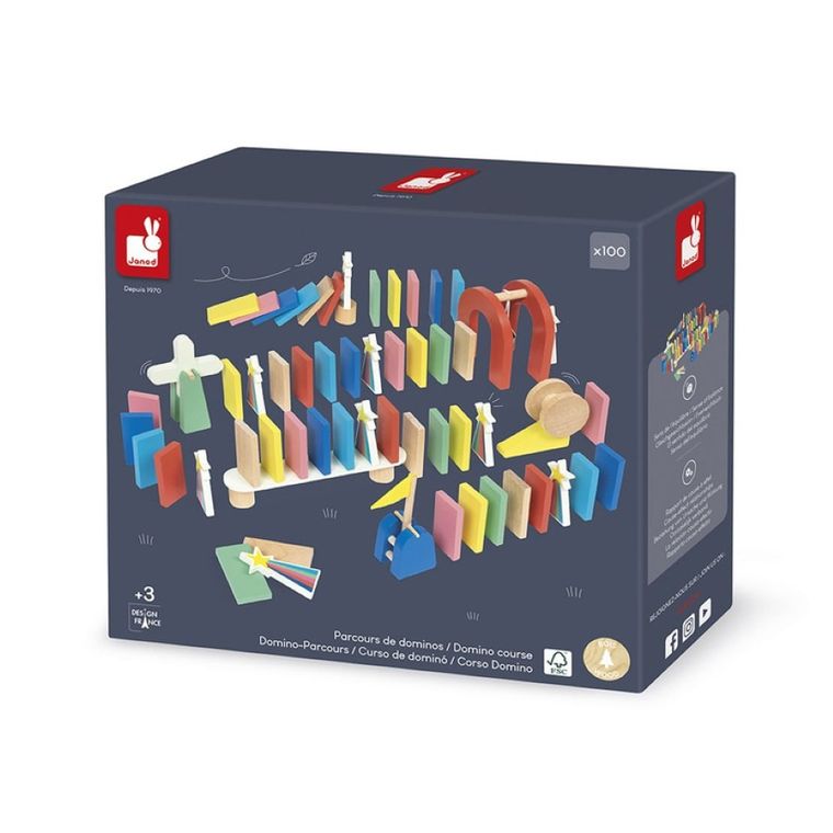 Janod, domino drewniane, tor przeszkód, gra zręcznościowa, 100 elementów