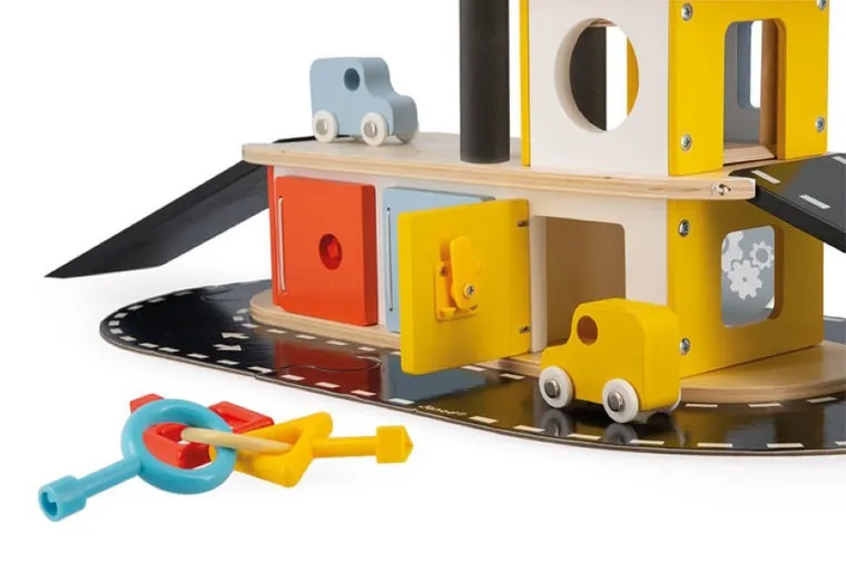 Janod, drewniany garaż piętrowy, zestaw z akcesoriami