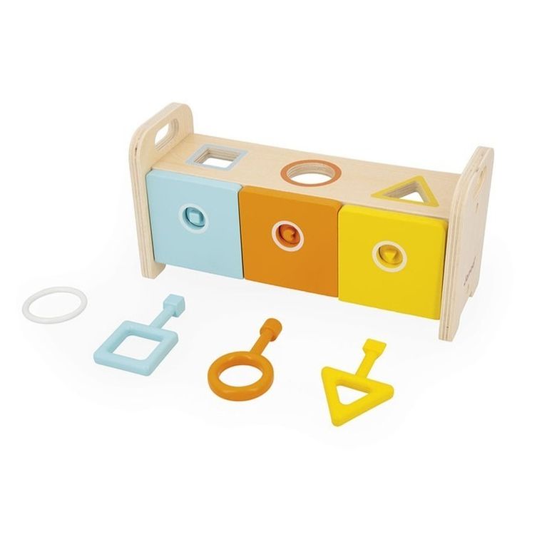 Janod, Essentiel, drewniany, sorter z kluczykami