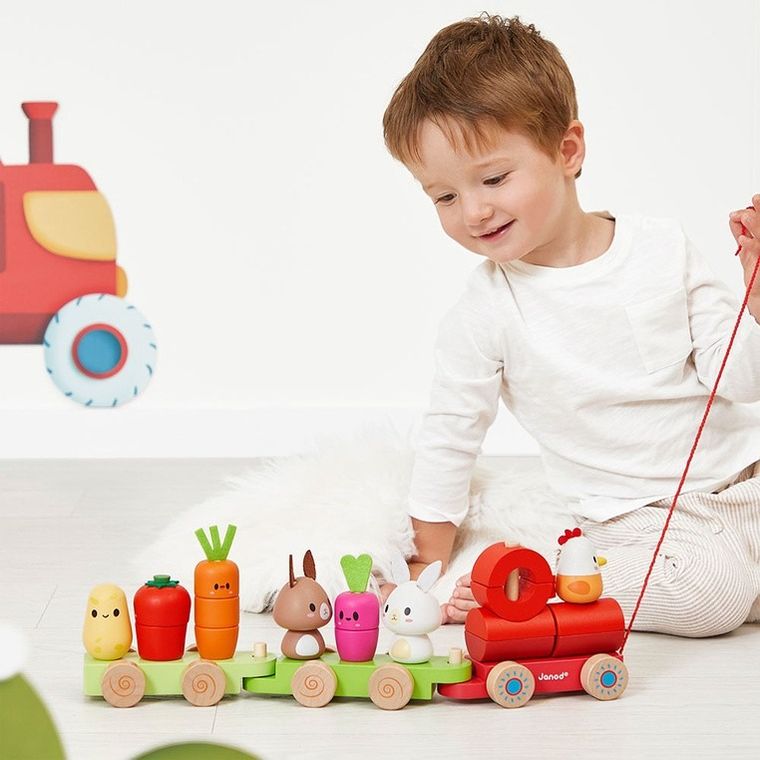 Janod, Farma, pociąg z klockami i figurkami do ciągnięcia