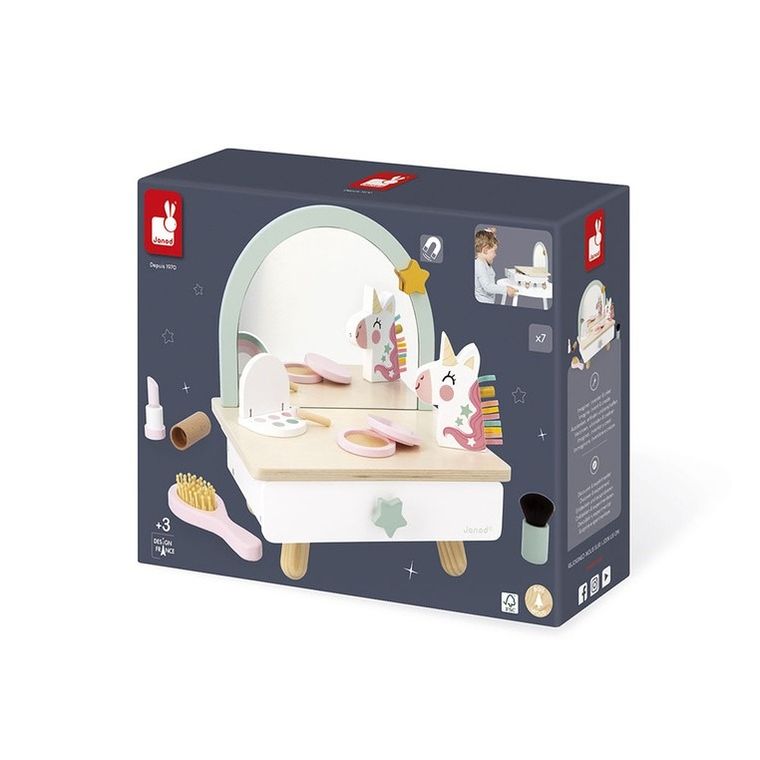 Janod, Jednorożec, mała toaletka z akcesoriami, drewniana