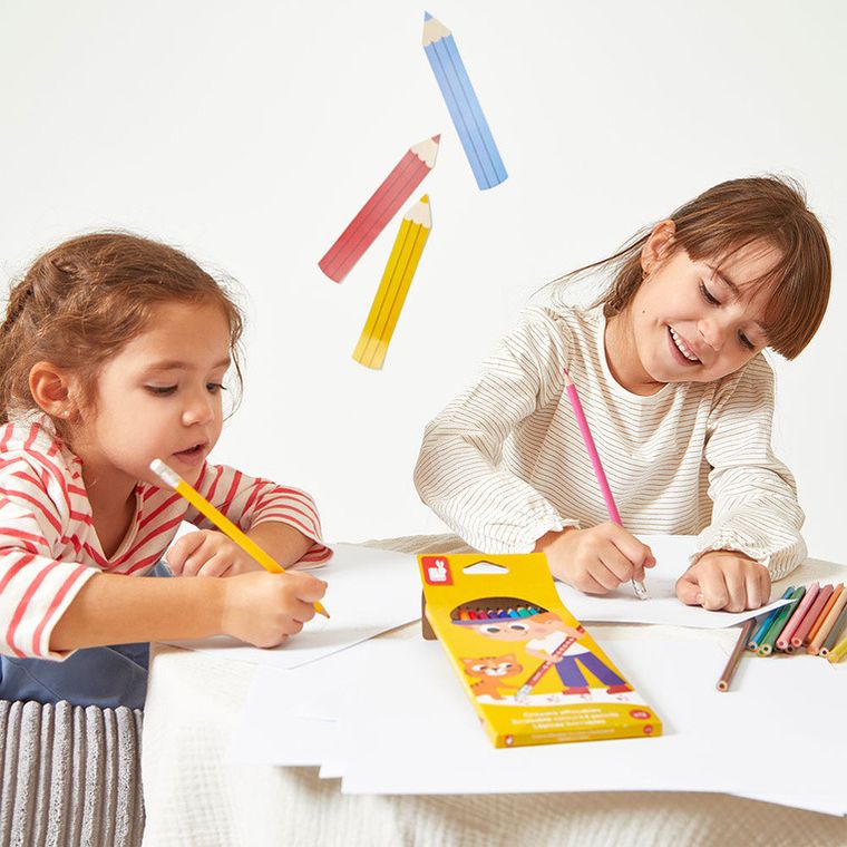 Janod, kredki ołówkowe zmazywalne, z gumką, 12 kolorów