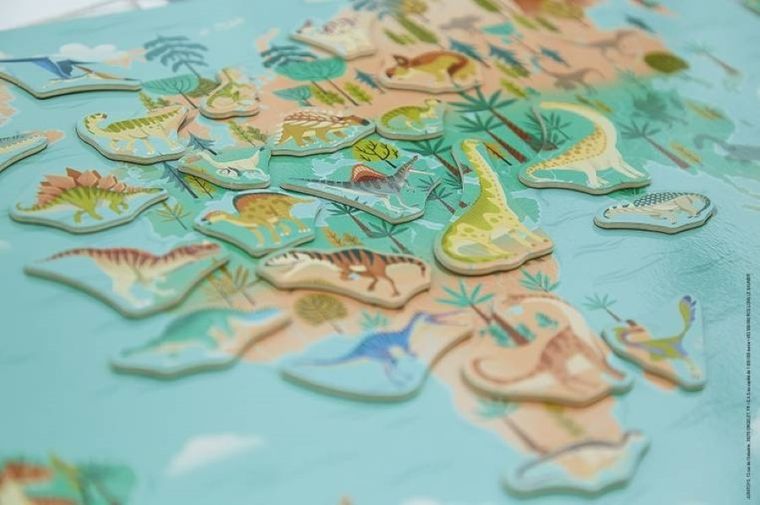 Janod, mapa świata, drewniana układanka magnetyczna, dinozaury, 50 magnesów