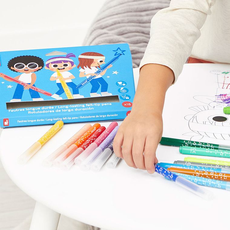 Janod, pisaki z filcową końcówką, flamastry, 18 kolorów