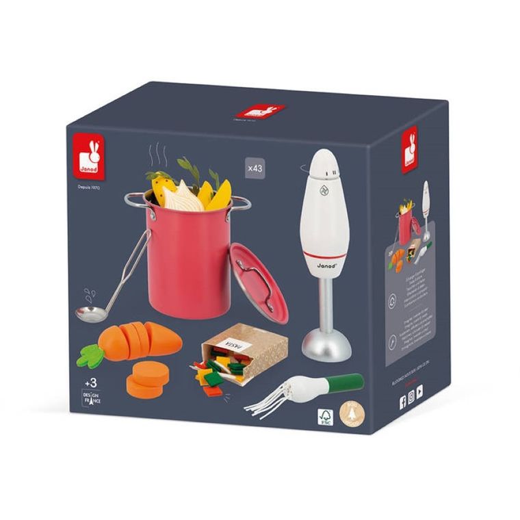Janod, zestaw do gotowania zupy z drewnianym blenderem i akcesoriami