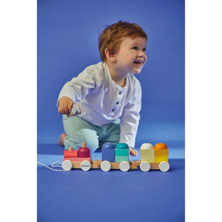 Janod, Zigolos, pociąg drewniany z klockami i zwierzątkami do ciągnięcia