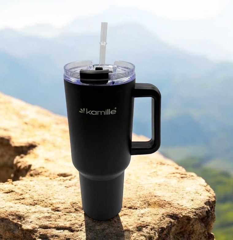 Kamille, stalowy kubek termiczny, termos, 1200 ml, z rączką i słomką