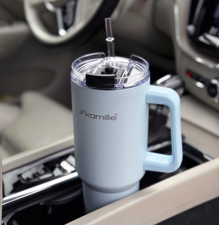 Kamille, stalowy kubek termiczny, termos, 1200 ml, z rączką i słomką