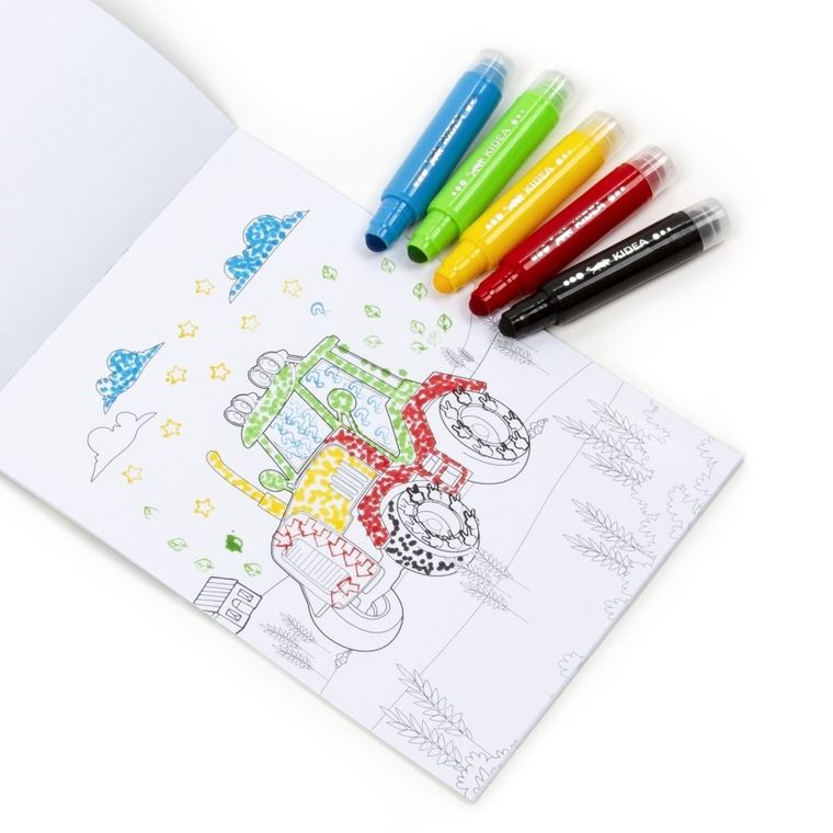 Kidea, flamastry do malowania kropkami ze stempelkami + kolorowanka pojazdy