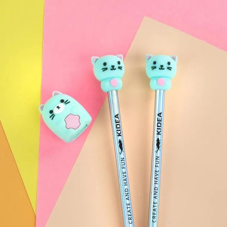 Kidea, ołówki HB z temperówką i figurką, kotek, 2 szt.
