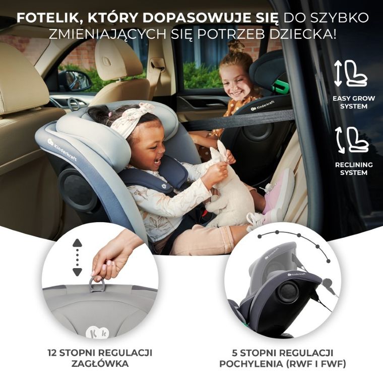 Kinderkraft, I-Grow, fotelik samochodowy, I-size, Grey, 40-150 cm