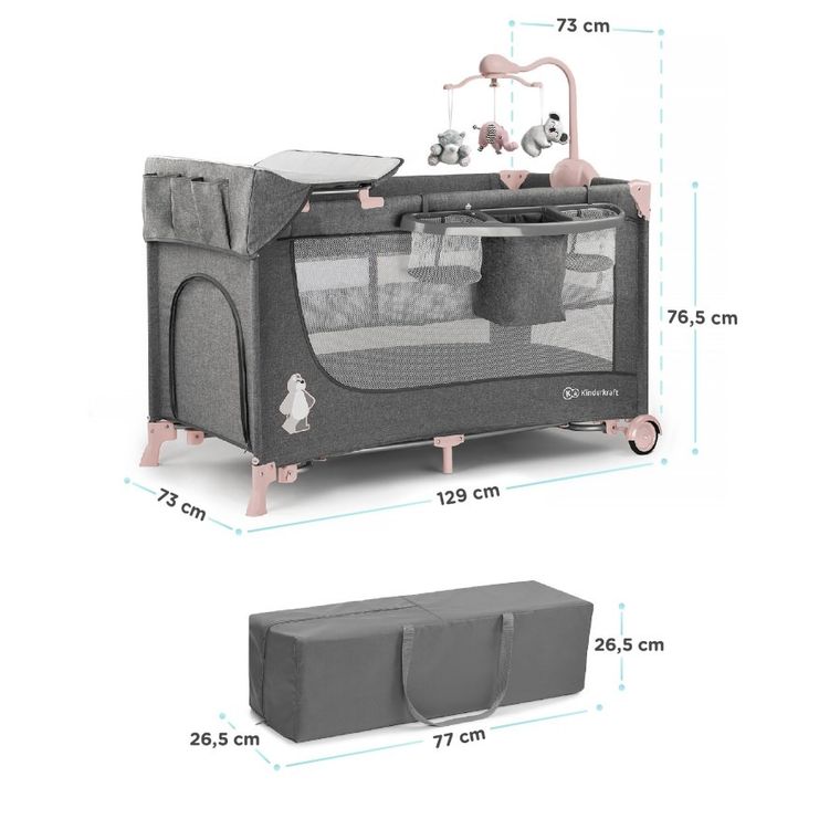 Kinderkraft, Joy, łóżeczko turystyczne z akcesoriami, szaro-różowe