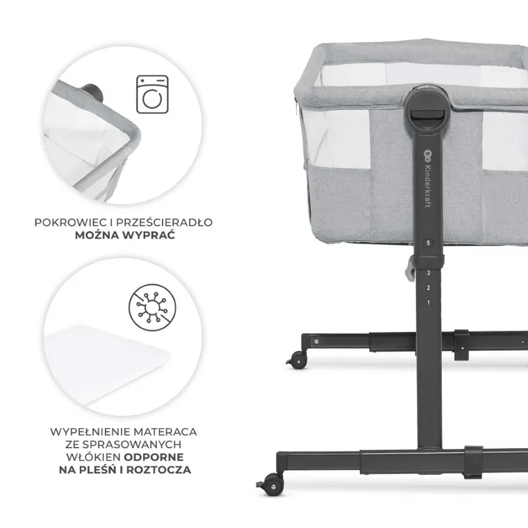 Kinderkraft, Nestee Up 2, łóżeczko dostawne, light grey