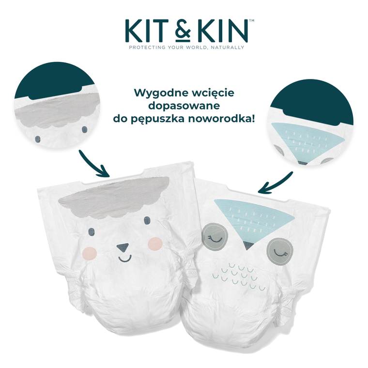 Kit and Kin, biodegradowalne pieluszki jednorazowe, rozmiar 1, Mini, 2-5 kg, owieczka i sówka, 40 szt.
