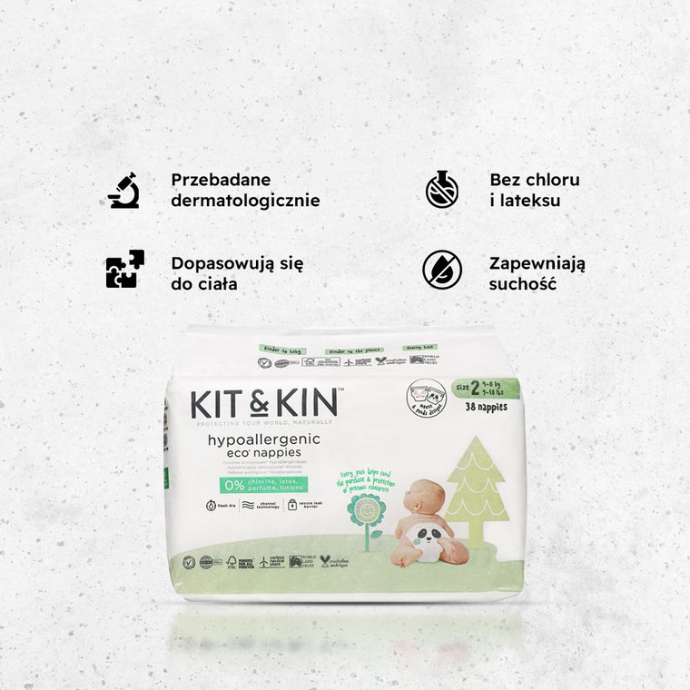 Kit and Kin, biodegradowalne pieluszki jednorazowe, rozmiar 2, Midi, 4-8 kg, myszka i panda, 38 szt.