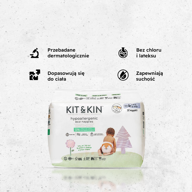 Kit and Kin, biodegradowalne pieluszki jednorazowe, rozmiar 4, Maxi Plus, 9-14 kg, lisek i tygrysek, 32 szt.