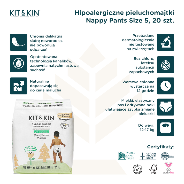 Kit and Kin, Nappy Pants, biodegradowalne pieluchomajtki, rozmiar 5, 12-17 kg, 20 szt.