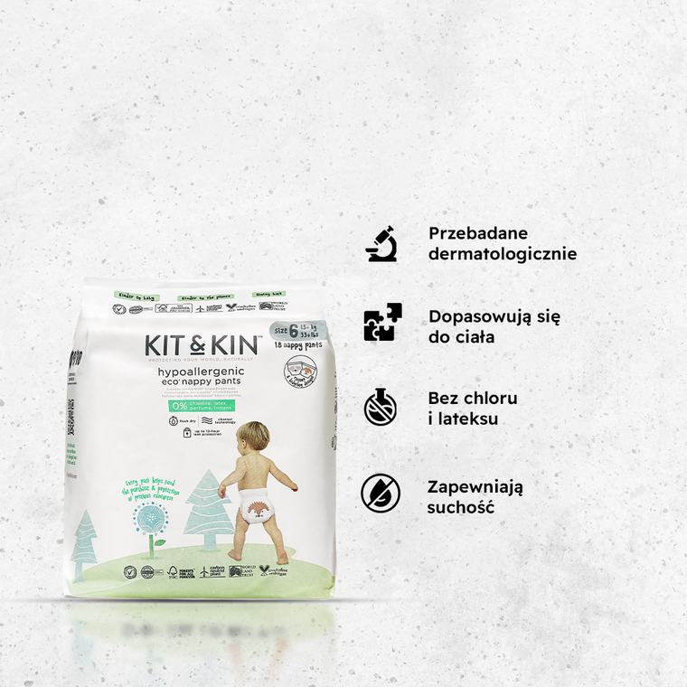 Kit and Kin, Nappy Pants, pieluchomajtki, rozmiar 6, 12-17 kg, jeż i szop, 18 szt.