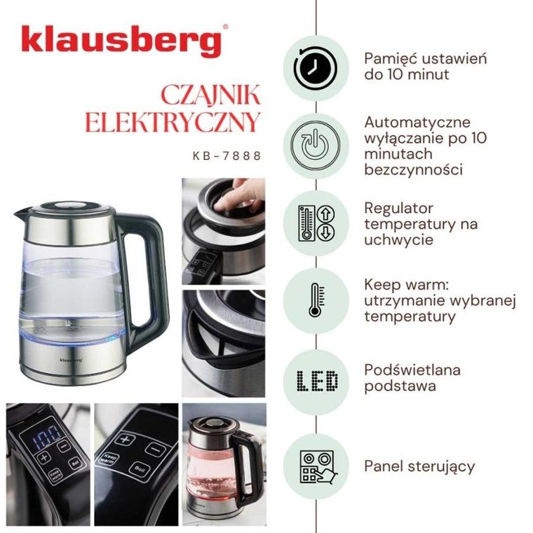 Klausberg, czajnik elektryczny, szklany, 1,7l, LED, RGB, KB-7888