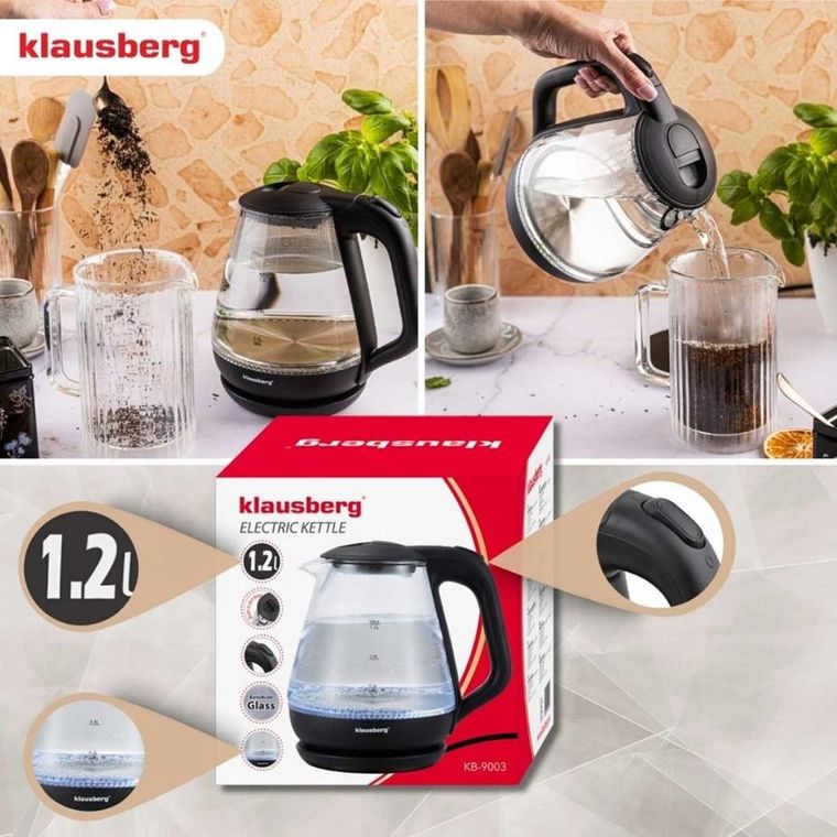 Klausberg, czajnik elektryczny, szklany, LED, 1,2l, KB-9003